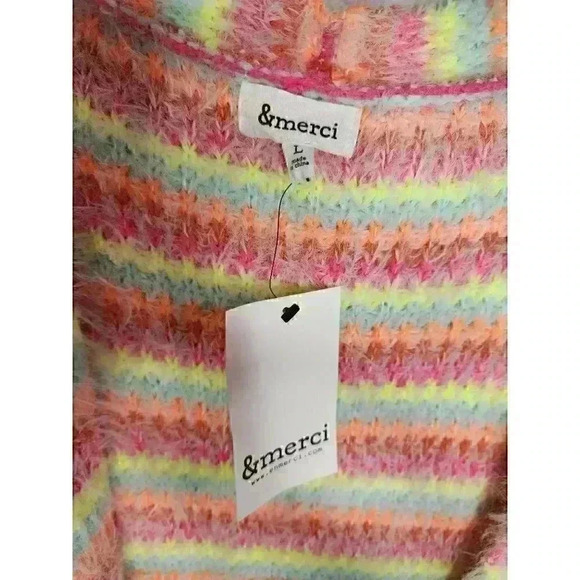 NWT Size Large &Merci Kawaii Multicolor Bright Stripe Fuzzy Fluffy Cardigan - Picture 3 of 5